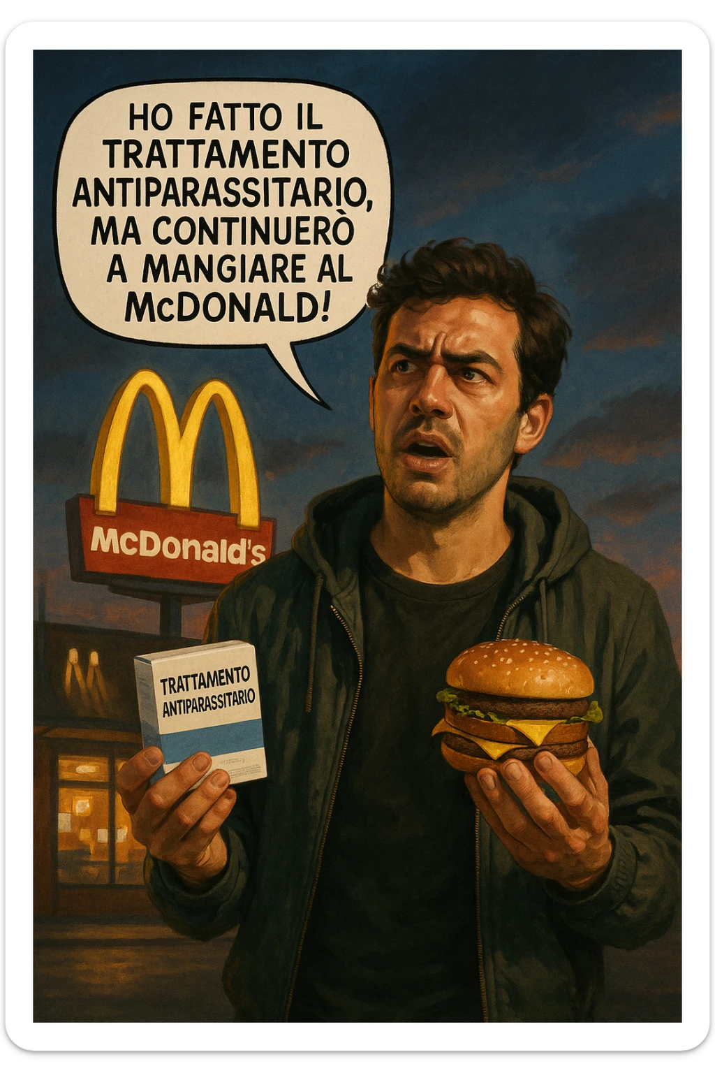 A realistic, cinematic illustration of a man in his early 30s with a confused yet stubborn expression, standing outside a McDonald's at dusk, holding a small box labeled 'Trattamento Antiparassitario' in one hand while holding a large McDonald's burger in the other. He is mid-sentence, saying 'Ho fatto il trattamento antiparassitario, ma continuerò a mangiare al McDonald!' in an expressive speech bubble. The man wears casual streetwear, and behind him, the McDonald's golden arches glow under a neon-lit sky. The mood is ironic and educational, highlighting the contradiction of doing parasite cleanses while continuing unhealthy fast-food habits. The style is realistic with slight illustrative clarity, emphasizing the message humorously while maintaining a serious undertone about lifestyle choices and health in italiano sticker