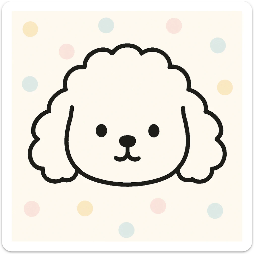 minimalist kawaii line art of a poodle-like dog head: large, round, fluffy head, puffy curly ears hanging down, very simple face with two dot eyes, tiny round nose, upside-down 'Y' mouth. thick, bold, clean black lines on white, symmetrical, calm and sweet expression. no color or shading, just black linework. slightly hand-drawn but polished, child-friendly. sticker