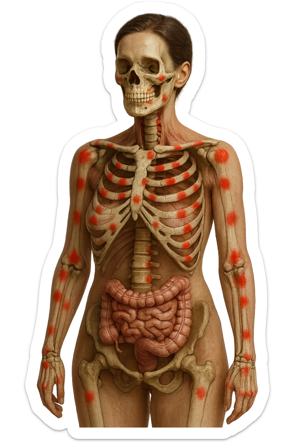 corpo umano anatomico di una donna affetta da fibromialgia, intestino anatomico realistico e red spot sparsi sulle sue ossa, iperrealistica 4k sticker