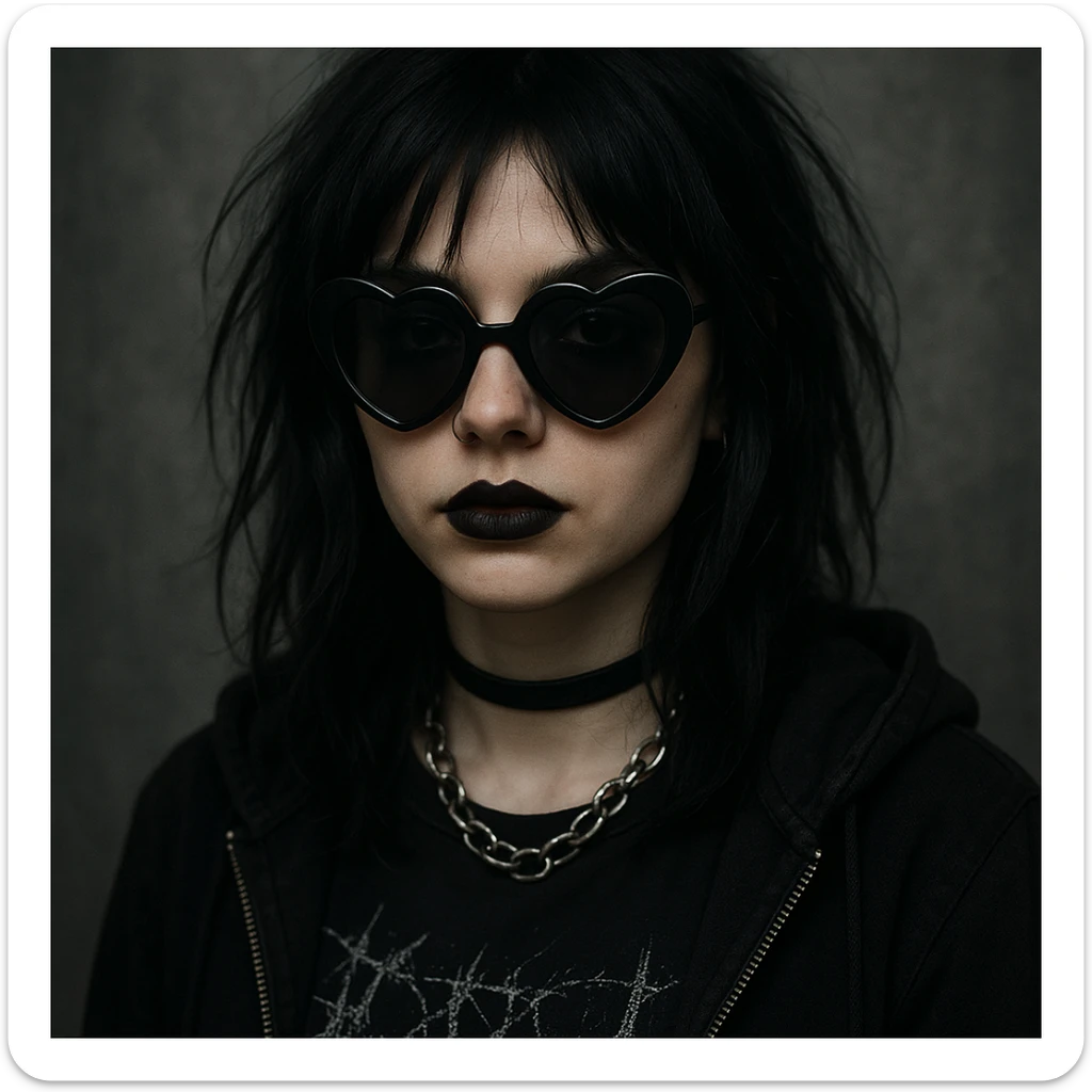 emo girl with heart-shaped sunglasses, dark hair, mysterious vibe sticker