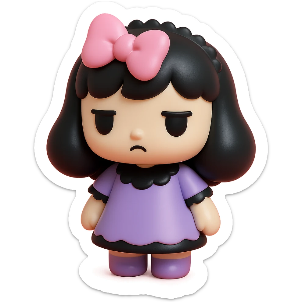 gothic girl with pink bow and black lace trim, gothic style, vinyl figure, moody atmosphere sticker