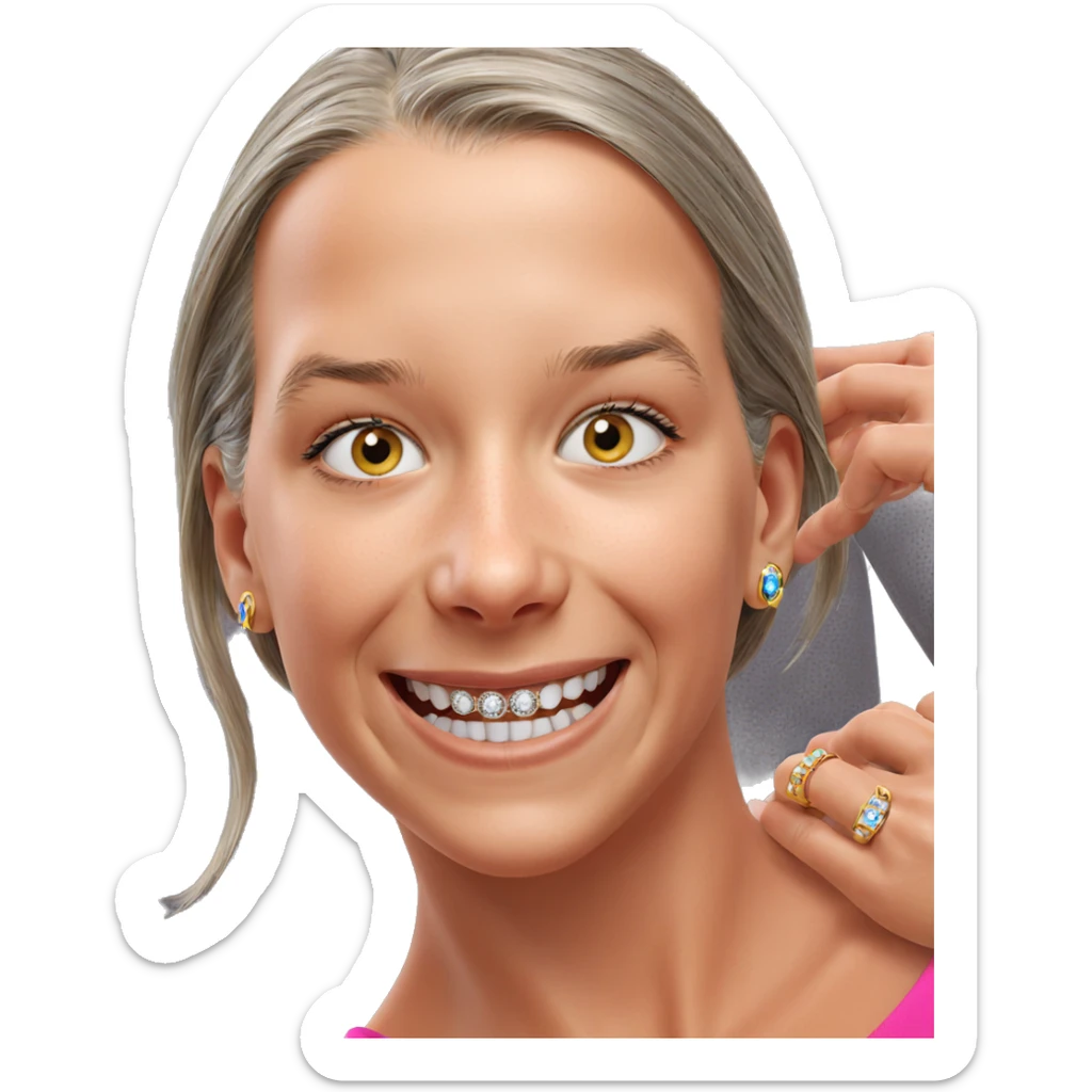 smiling older woman with jewelry sticker