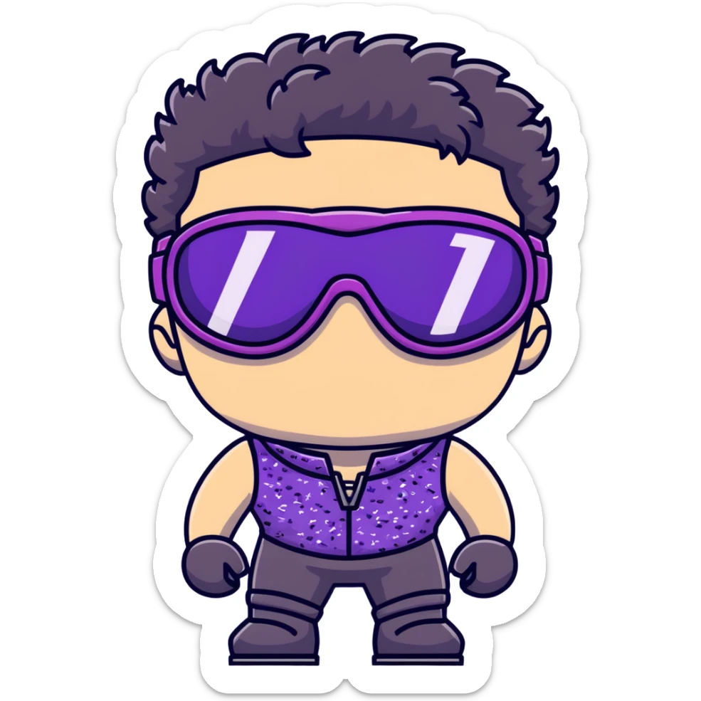 male athlete with white skin and moderately curly black hair on top with shaved sides, wearing ski goggles with purple frames and very dark black lenses, a simple plain black chain necklace, and a completely unzipped sleeveless vest with purple and black sequin fire pattern design, fully revealing his chest, shoulders and arms, no earrings sticker