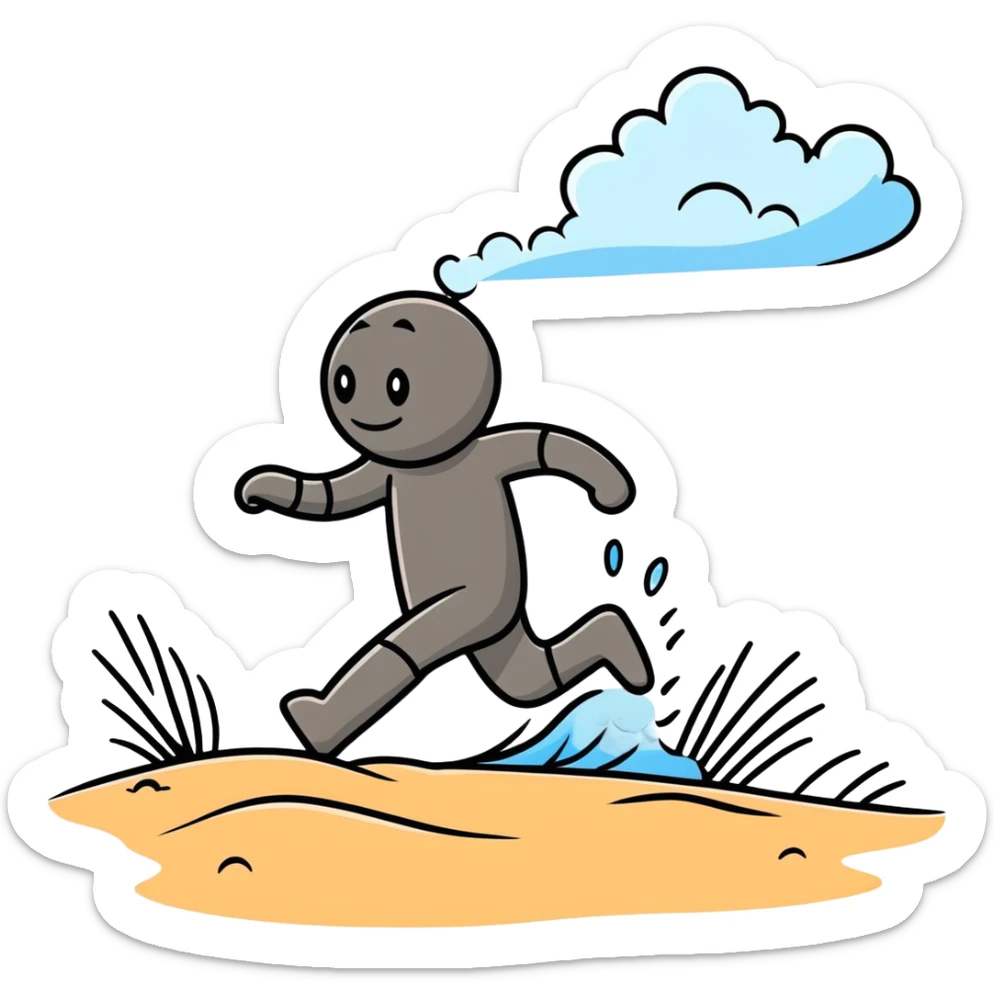 cartoon person tiptoeing and hopping quickly across hot beach sand with steam rising from footprints sticker