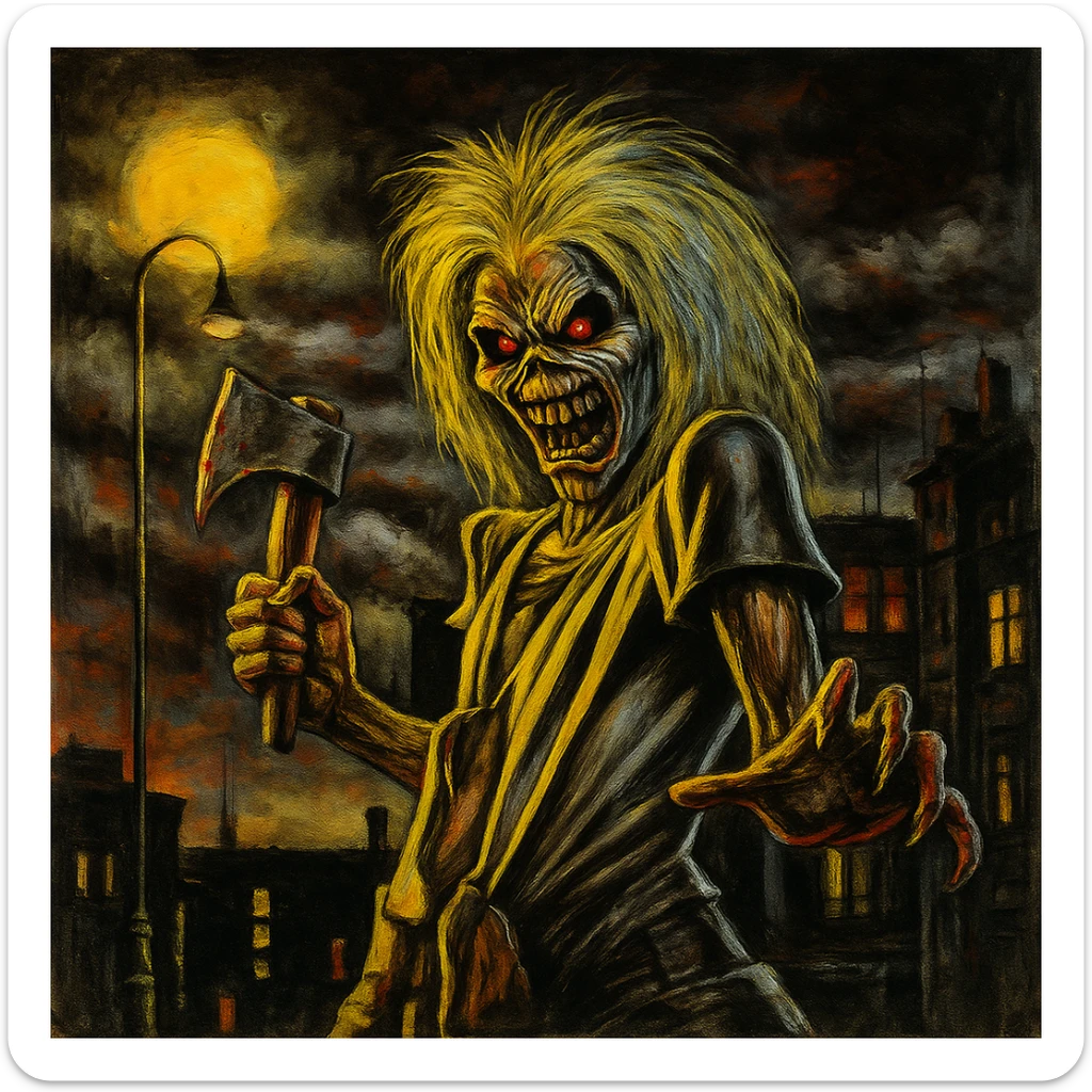 Iron Maiden 'Killers' album cover style, menacing Eddie with axe, dark city background, gritty heavy metal style sticker