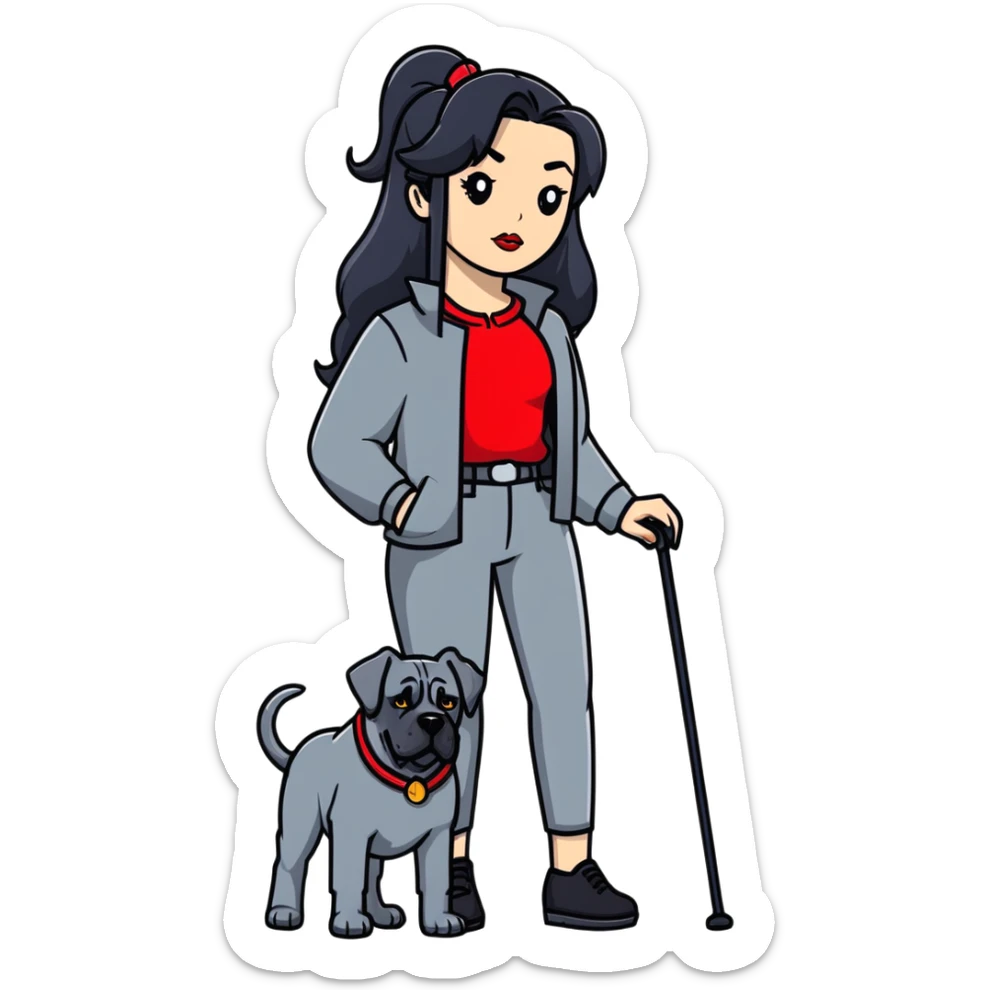 woman with long black hair and red lips next to a black Cane Corso dog with cropped ears and short tail sticker