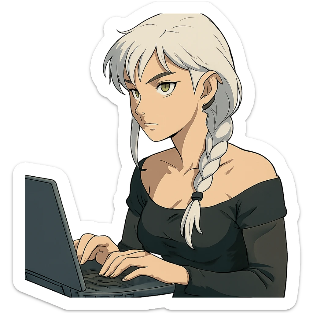  she is sitting at a laptop typing, a closeup portrait of young woman with gold yellow eyes, white hair, long braid, black off-shoulder top d-cup, punk gothic style, futuristic cyberwave cyberpunk, sitting position
 sticker