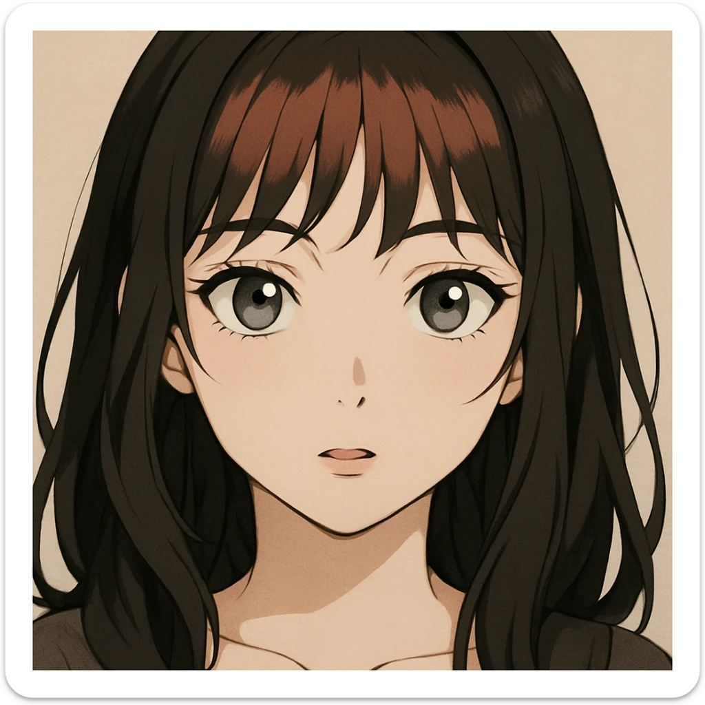 anime brunette woman with grey eyes and salmon red bangs, close-up portrait, expressive eyes, soft shading sticker