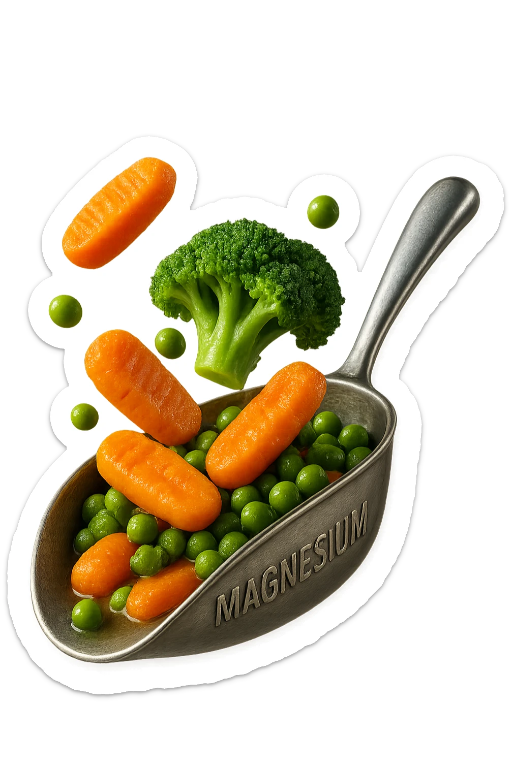 BOCCETTA DI MAGNESIO E VERDURE COTTE FLUTTUANO IN ARIA, IPERREALISTICA 4K sticker