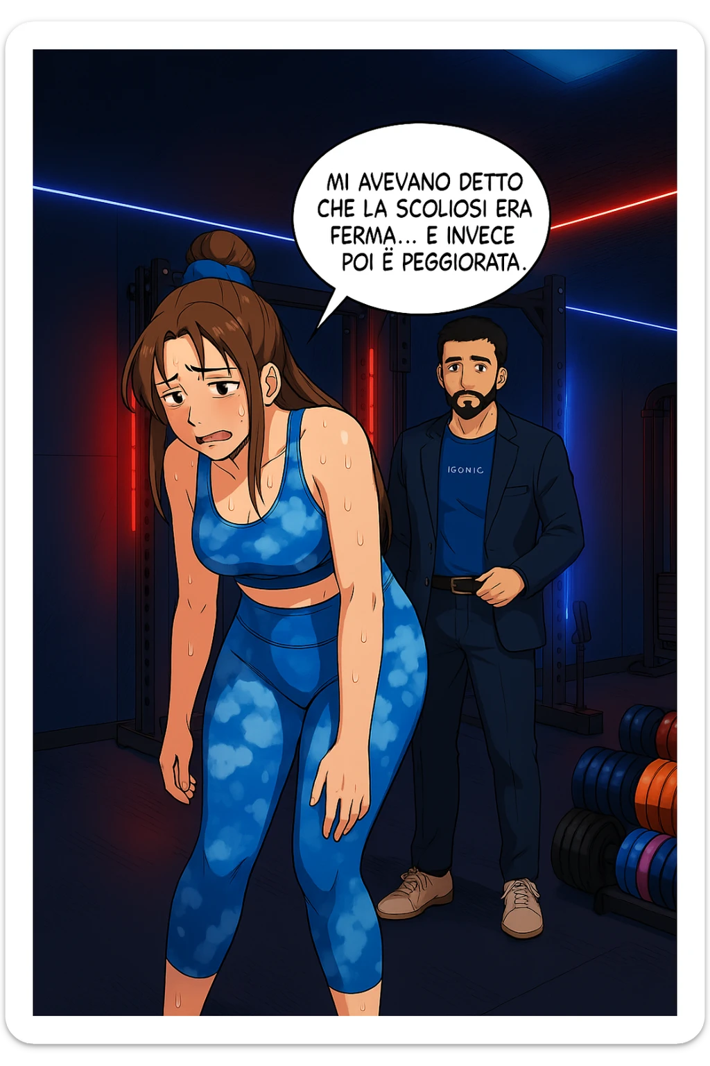 fai questa immagine in versione fumetto/manga/webtoon a colori, il manga mostra l'uomo che risponde alla donne:
Succede spesso purtroppo. 
Forse non ti piacerà ma devi saperlo, per evitare danni, anche irreversibili, alla colonna vertebrale e un potenziale intervento chirurgico. sticker