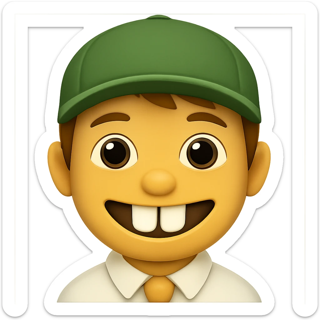 Edit the image of a schoolboy with big front teeth in the style of Apple emojis. Change the cap color to green. Keep the rest of the features consistent with the original Apple emoji style. No background, transparent background. sticker