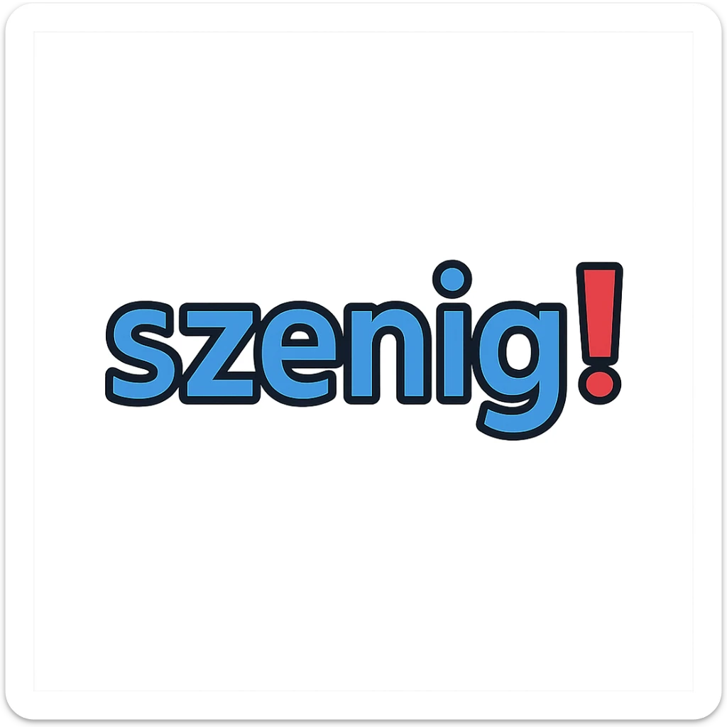 the word 'szenig!' in blue letters with the exclamation mark in red, modern clear style, no background, minimalistic digital look sticker