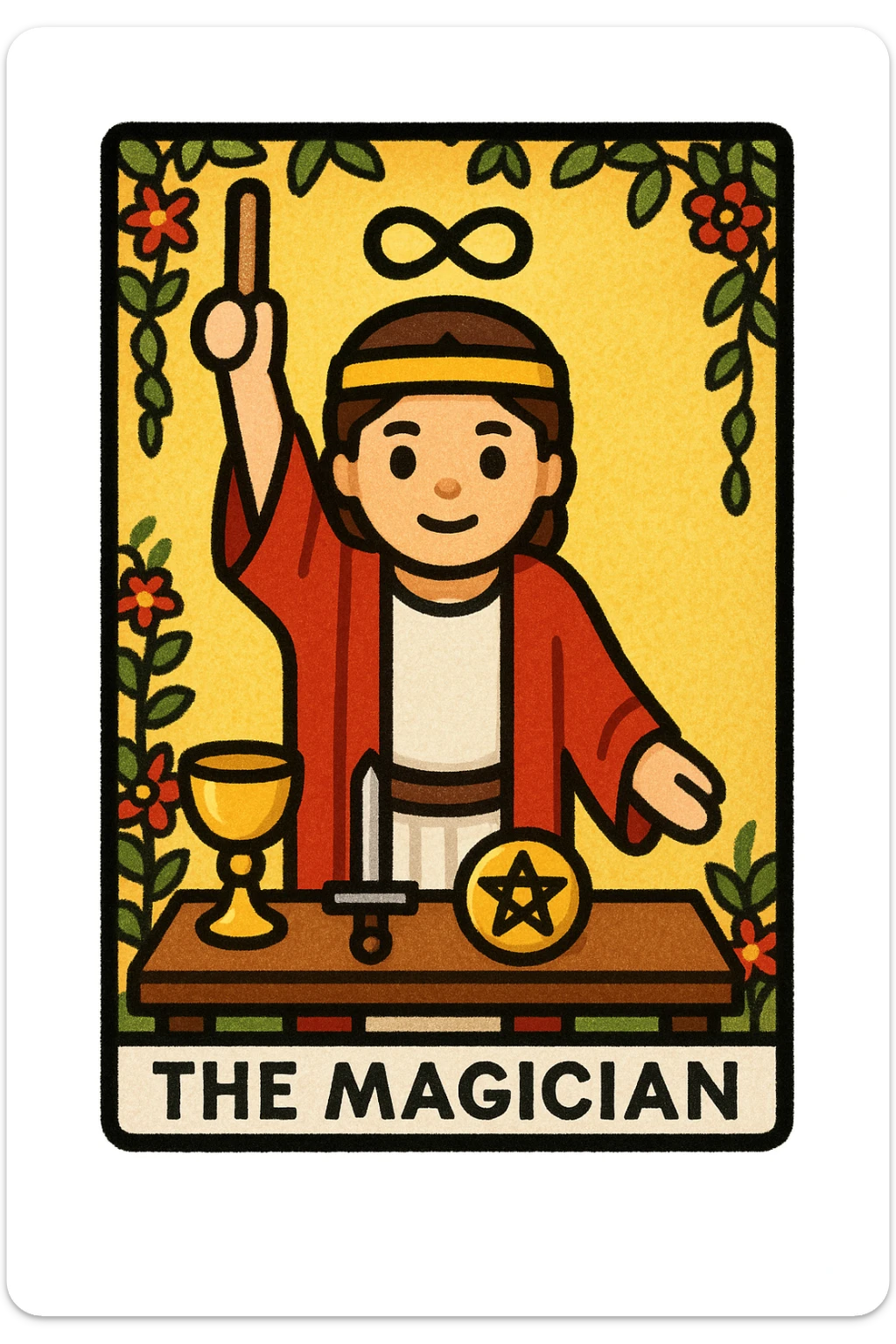 Rider Waite Smith style emoji of The Magician tarot card, with a mystical figure, red and white robes, classic tarot iconography, compact emoji format sticker