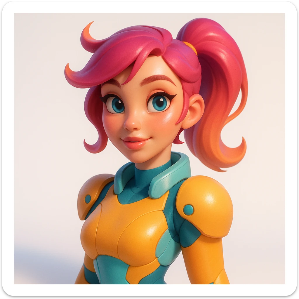 3D sculpture of female character in Pixar × Overwatch × Loish style, smooth shapes, warm porcelain skin, smooth and plastic finish, vivid pastel colors, soft bloom, white gradient background, juicy highlights on eyes and lips, no contours or rough textures sticker