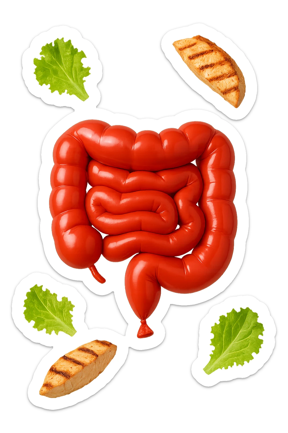 intestino chiuso in un palloncino rosso e foglie di insalata e petto di pollo grigliato che fluttuano intorno sticker