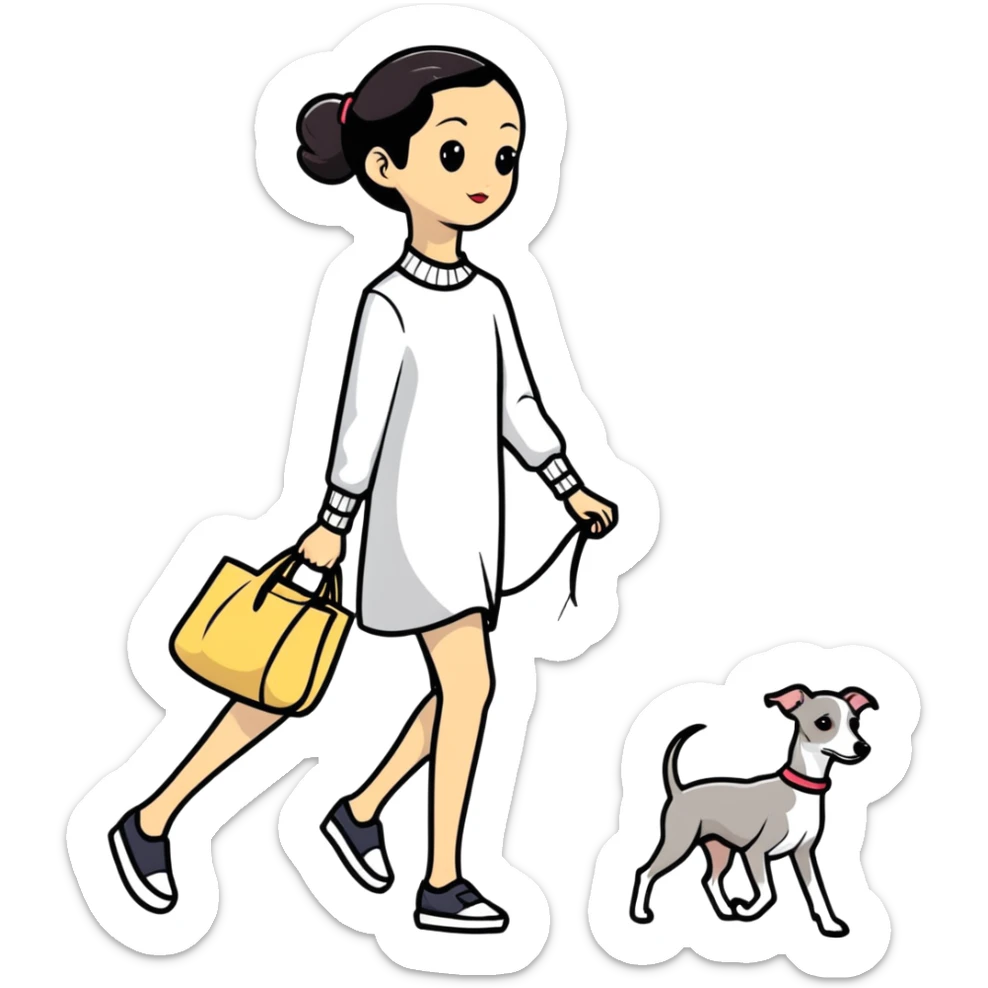 Pretty Asian girl with attractive features walking an all grey Italian greyhound with no white nose sticker