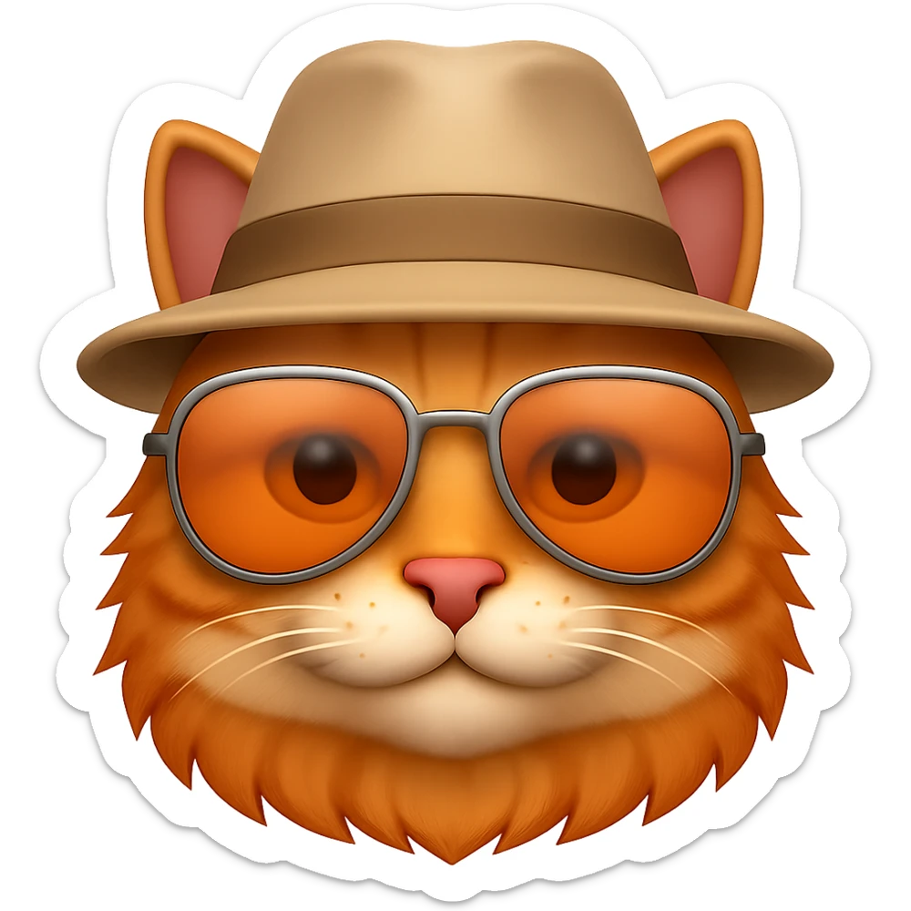 Edit the image of a cat wearing sunglasses with a hat in an emoji style. Remove the background and keep the cat cool and stylish with sunglasses and a hat, resembling an emoji look. sticker