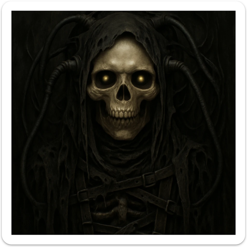 Add black rags and bondage straps to the dark intertwined wires and black creature, keeping the dark surreal look inspired by H.R. Giger's style. Maintain the skull, wires, and overall eerie atmosphere in the image. sticker