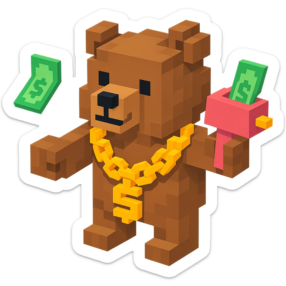 Russian grizzly bear wearing a rapper chain and holding a money gun sticker