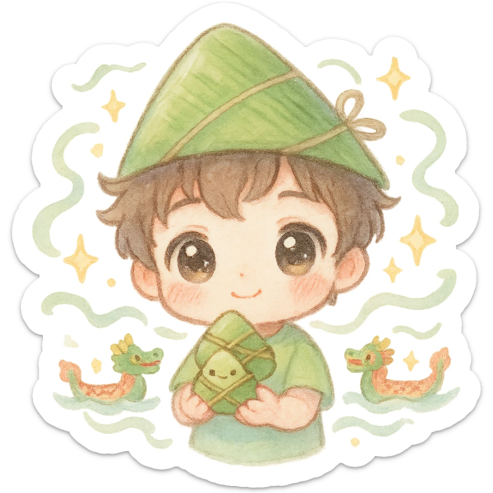 kawaii chibi boy, big sparkling eyes, wearing a zongzi hat, holding a mini rice dumpling, with tiny dragon boats, floating ribbons, star sparkles, soft pastel watercolor, fluffy lines sticker