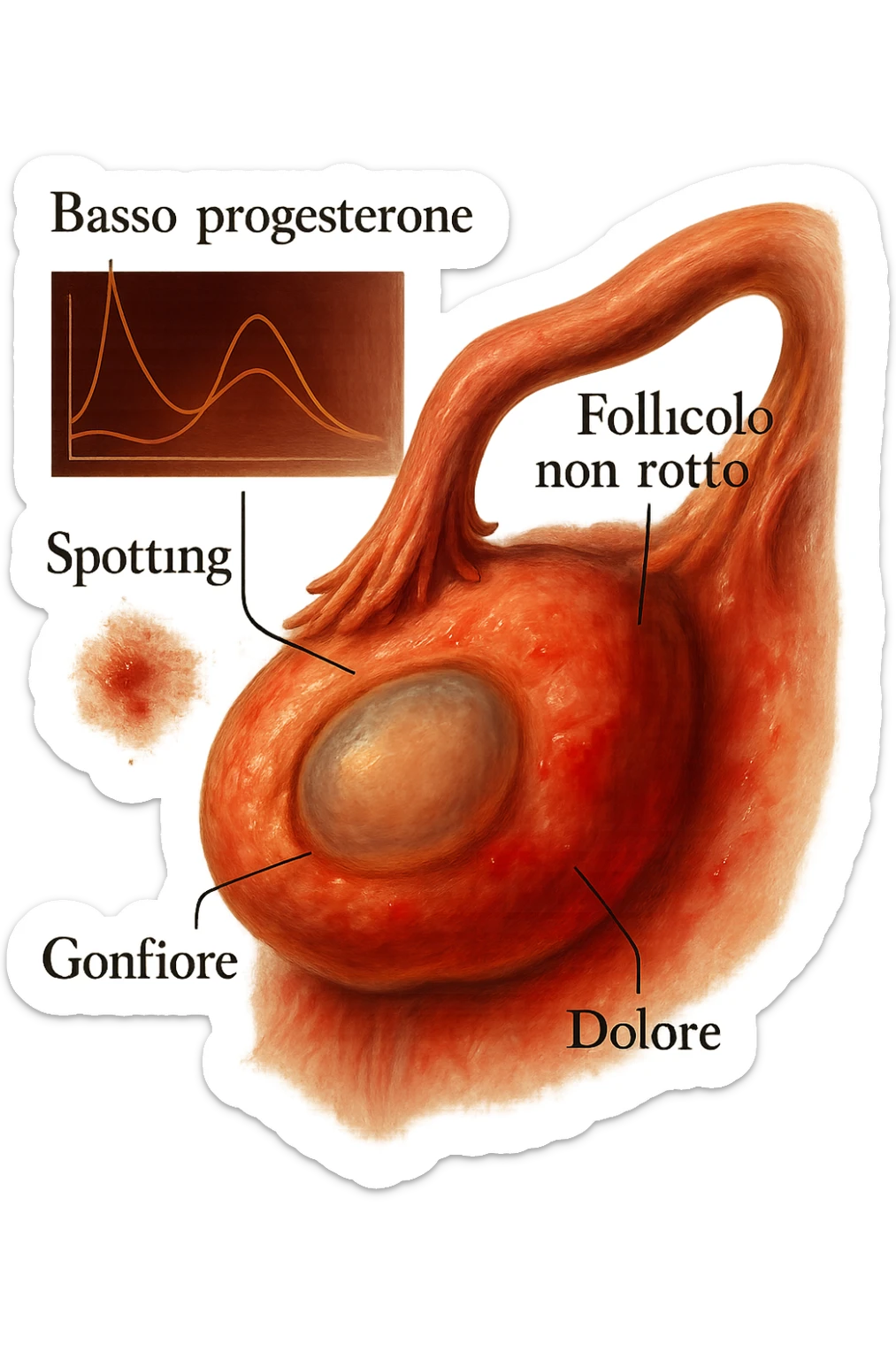 realistic and cinematic illustration of an ovary with an unruptured follicle, low progesterone, hormonal fluctuations, symptoms of spotting, pain and swelling, clinical details, captions in Italian sticker