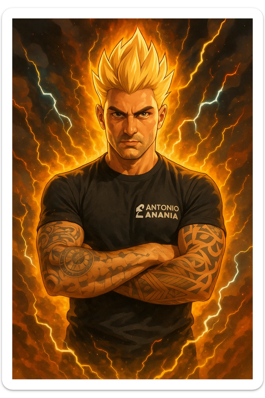 a muscular man with spiky hair stands in a powerful pose, surrounded by a glowing, fiery aura reminiscent of Goku’s Super Saiyan transformation. His eyes are intense and determined, and his body radiates energy and confidence. Lightning bolts and energy waves crackle around him, symbolizing a surge of testosterone and vitality. The background is dramatic, with swirling clouds and vibrant colors. sticker