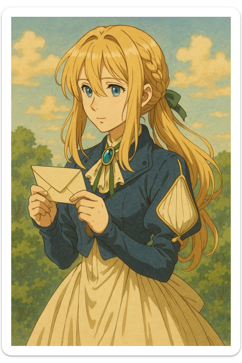 Violet Evergarden, elegant anime girl with long blonde hair, blue eyes, wearing a blue and white dress with a brooch, holding a letter, in a soft, detailed anime style sticker