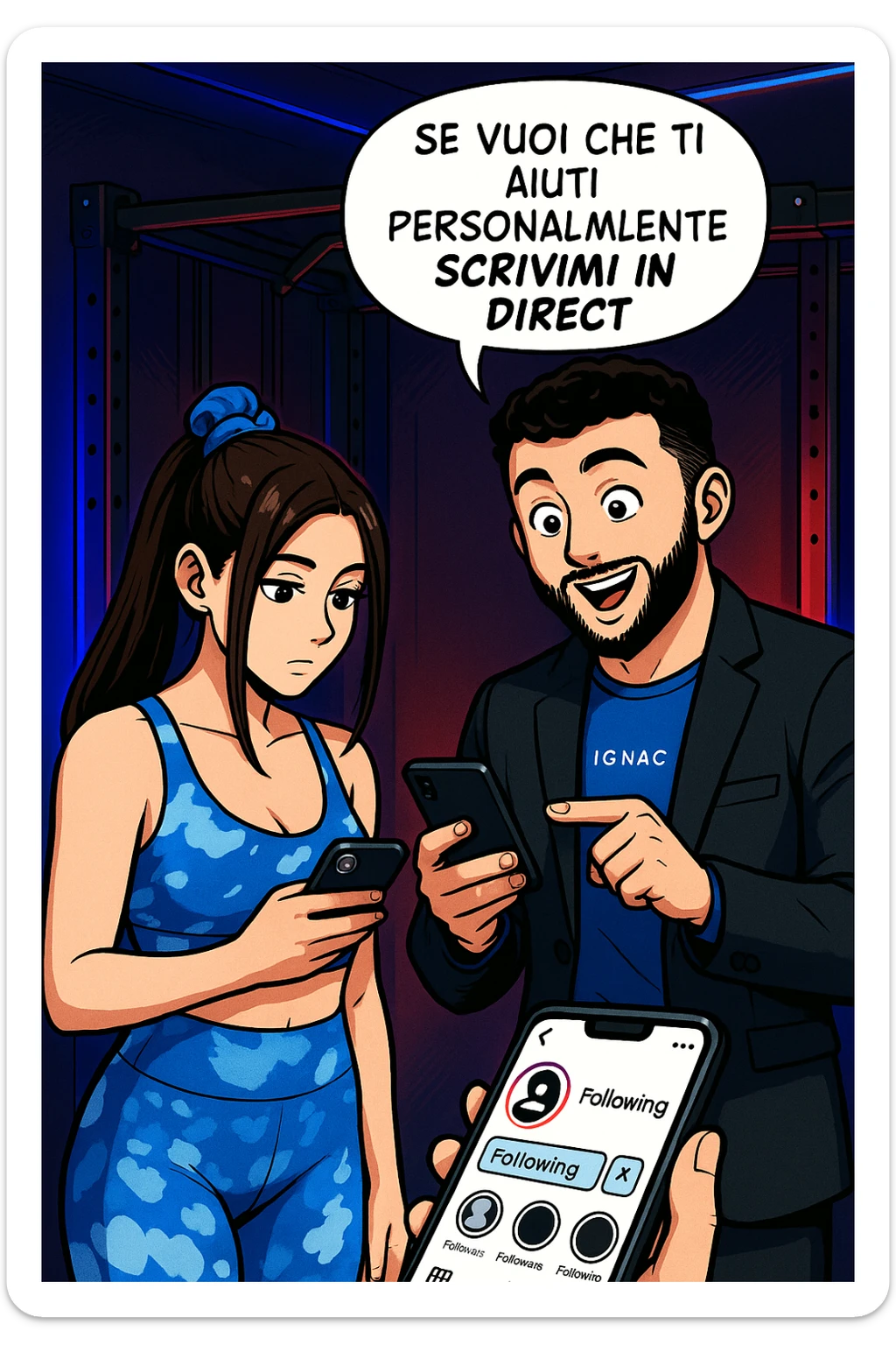 TRASFORMA QUESTO CAROSELLO IN UN FUMETTO STILE WEBTOON/MANGA A COLORI CON QUESTE DUE PERSONE IDENTICHE CHE INTERLOQUISCONO TRA LORO, L'UOMO MOSTRA UNO SMARTPHONE ALLA DONNA INDICANDOLO, E ANCHE LA DONNA HA LO SMARTPHONE IN MANO PER ANDARE A SEGUIRE IL SUO PROFILO INSTAGRAM:

LUI (UOMO): Se vuoi che ti aiuti personalmente
SCRIVIMI IN DIRECT sticker