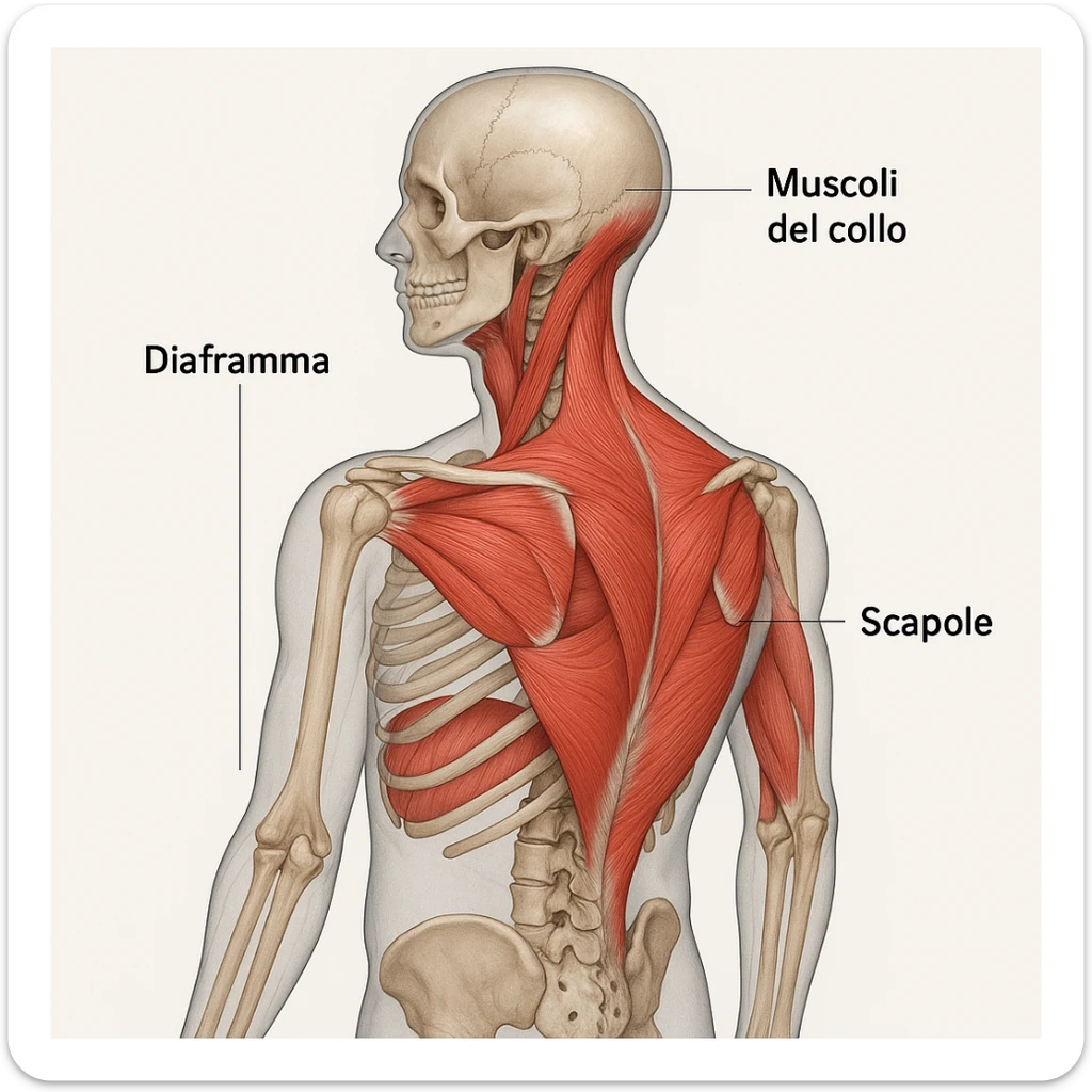 vista 3D con trasparenza, diaframma bloccato, muscoli del collo e scapole evidenziati, didascalie in italiano sticker