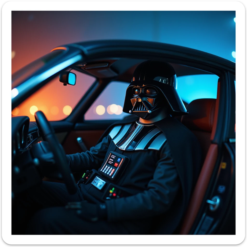 Cinematic shot of a Darth vader sitting in porsche 911, blue and orange lights  sticker