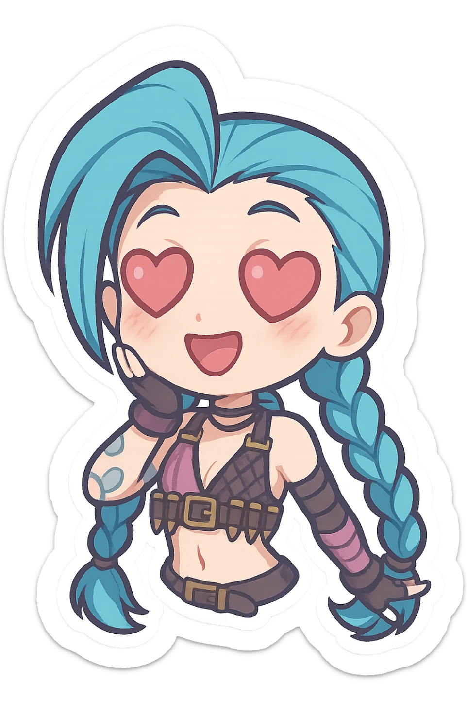 Jinx from League of Legends with heart-shaped eyes, chibi style, wearing a purple outfit sticker