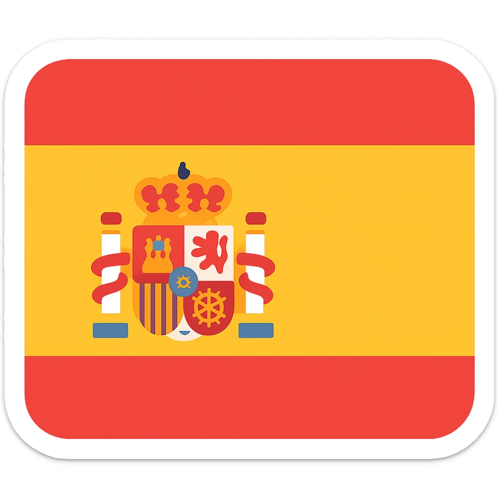 Add the Spanish coat of arms in the center of the flag, bright colors, simple geometry, icon style with clear and bold shapes. sticker