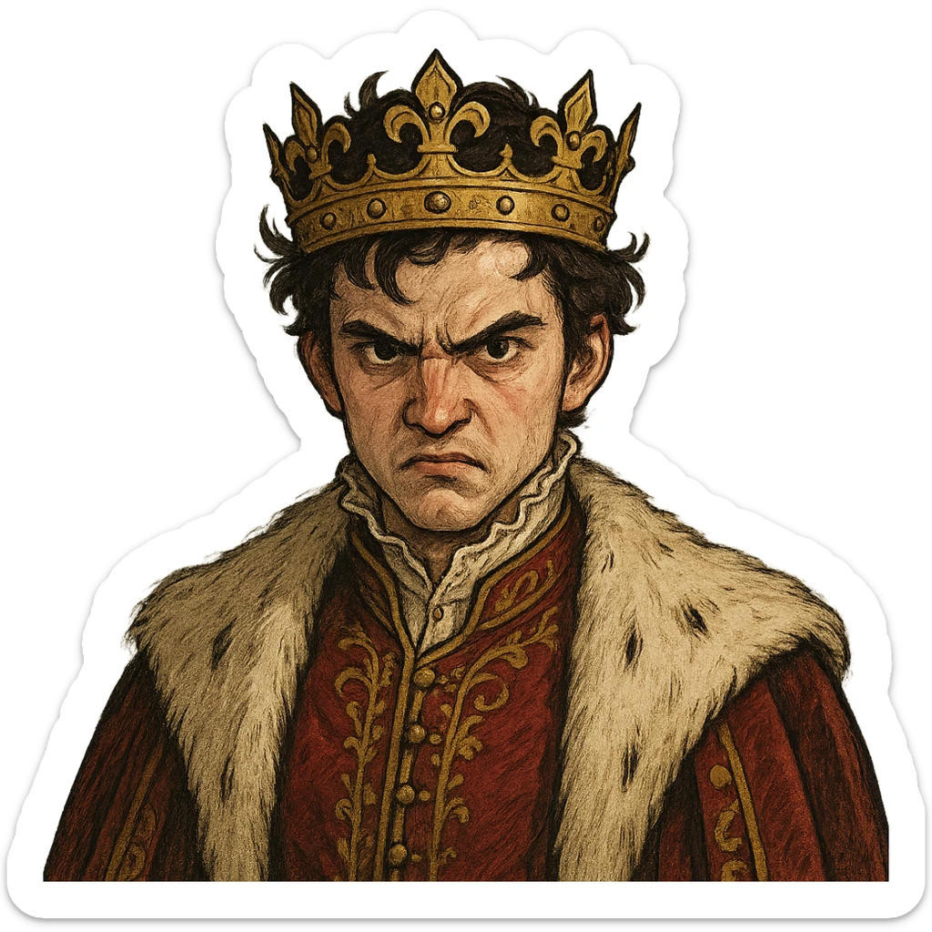 angry prince with crown, white skin, dark eyes, dark hair, varied style sticker