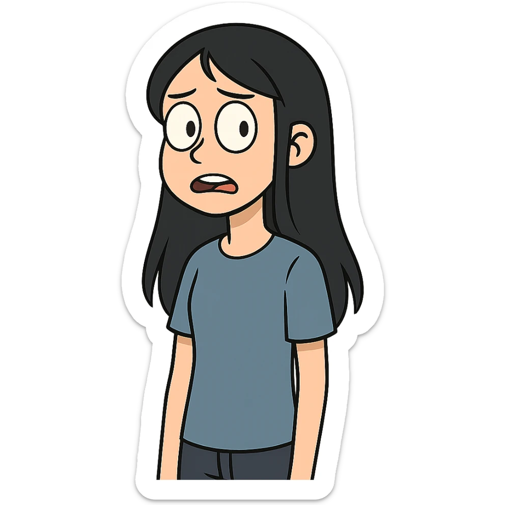 flat toon style teenager girl with black long hair and blue shirt sticker