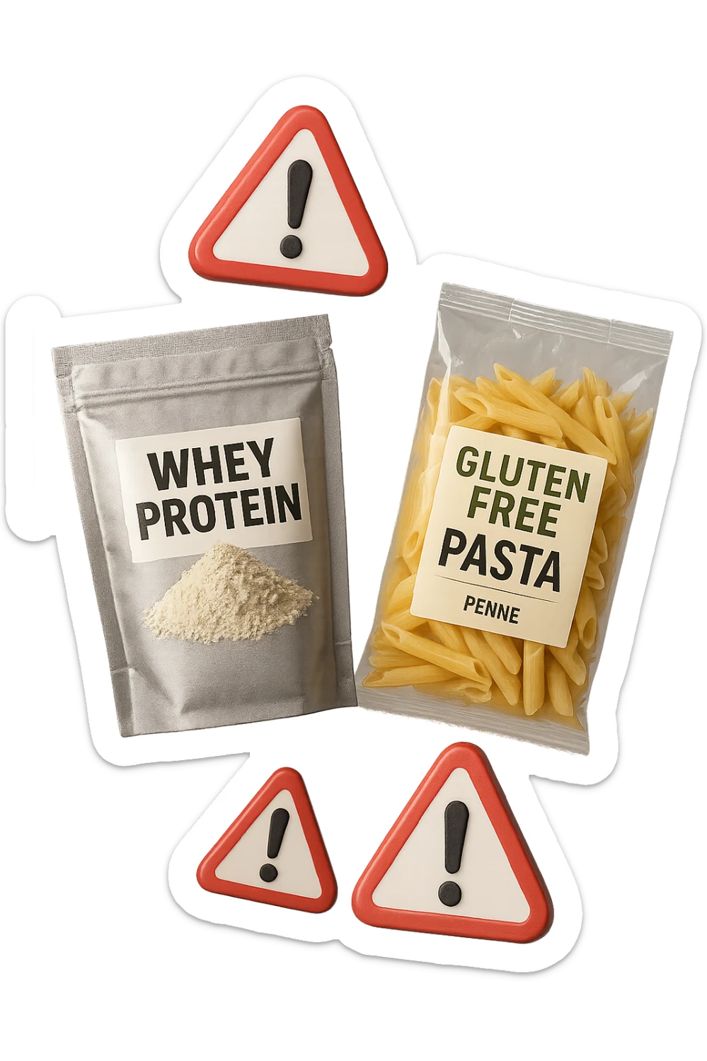 SU QUESTO STILE FAI UN EMOJI STILE IPHONE 3D DI UN pacco di whey protein e un pacco di pasta senza glutine che fluttuano in aria insieme a segnali di pericolo in 3d, FALLO MOLTO REALISTICO IN 3D sticker