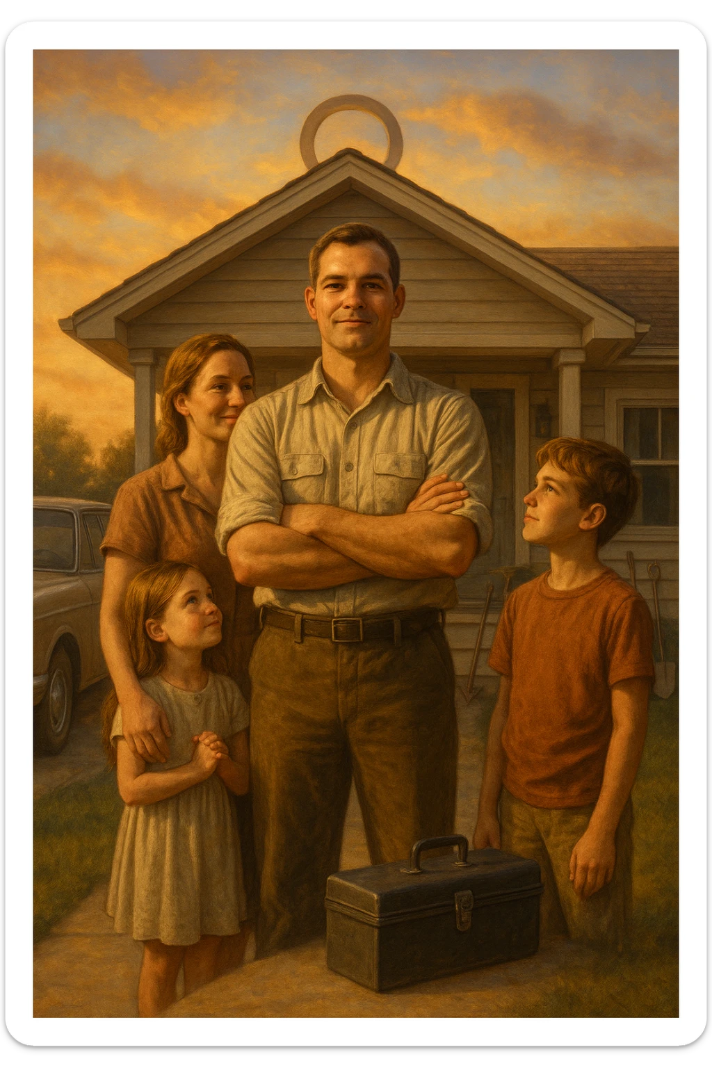 Uomo tra i 35 e i 45 anni, in piedi con postura fiera davanti alla sua casa, circondato dalla famiglia: moglie e figli lo guardano con rispetto e affetto. Indossa abiti semplici ma ordinati, simbolo di lavoro e stabilità (camicia, pantaloni, magari una cassetta degli attrezzi o una valigetta vicino). Sullo sfondo elementi che richiamano i suoi ruoli: casa ordinata, auto familiare, strumenti di lavoro, simboli di protezione e presenza. Espressione serena, forte ma accogliente. Colori caldi, luce naturale del tramonto. Stile realistico, atmosfera rassicurante e simbolica sticker