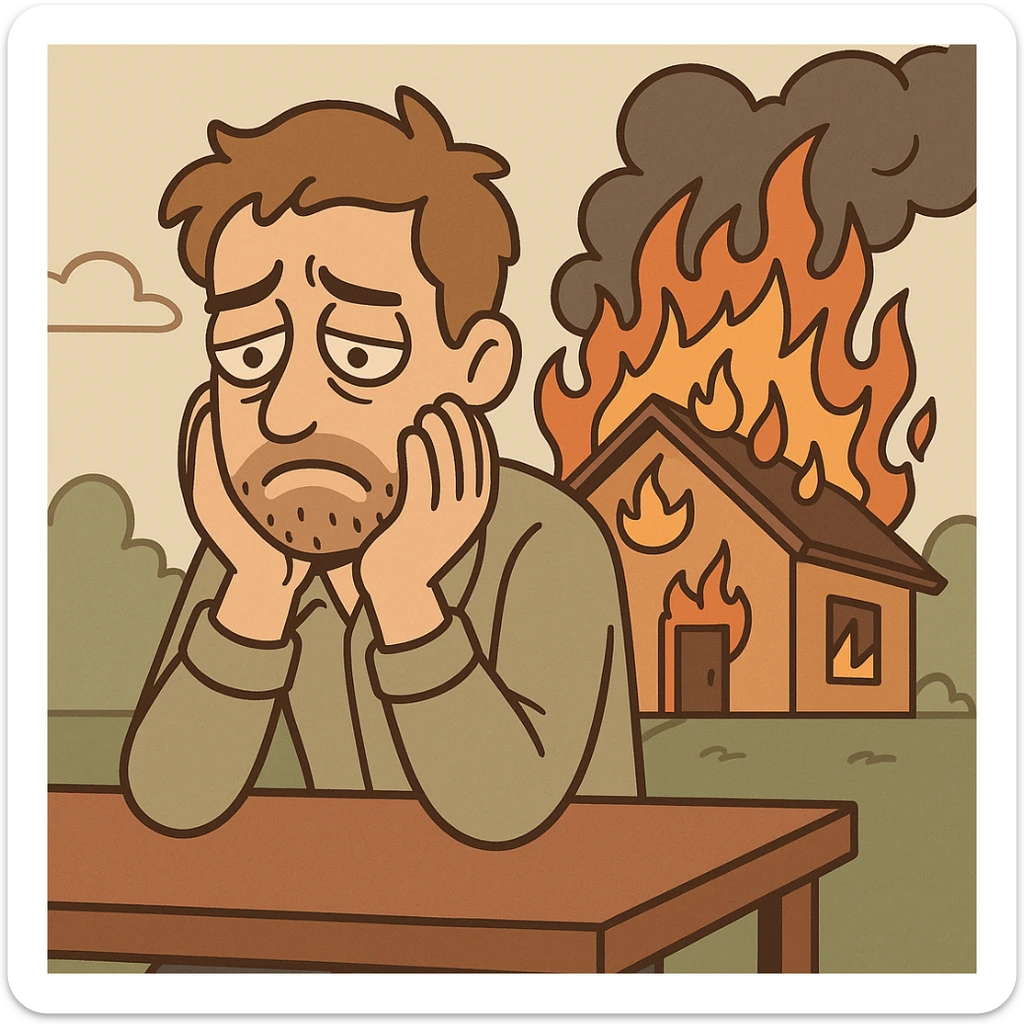 a man sits sadly at a table, a house is burning behind him, cartoon style sticker