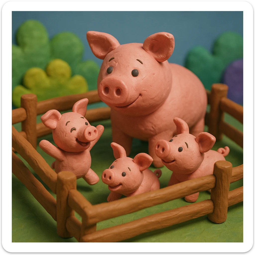 claymation style pig family in a wooden pen, piglets playing, colorful and cheerful sticker