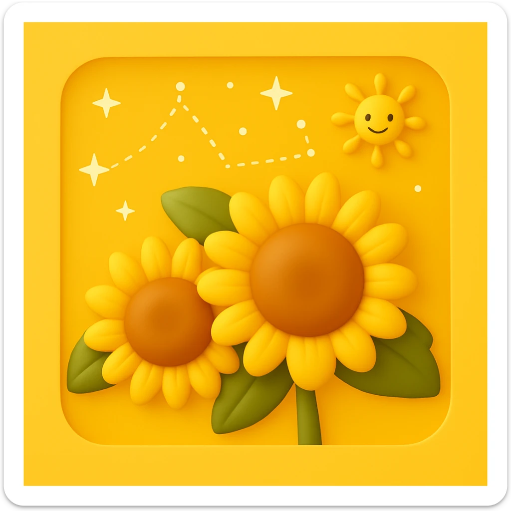 3D iOS style emoji of two sunflowers with a sun and stars in the background, mimicking the colors and composition of the reference image, add a yellow background sticker