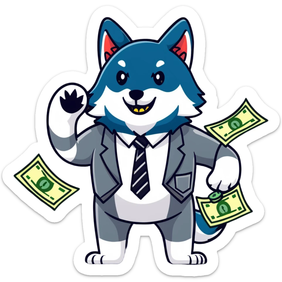 Wolf in football jersey and business tie throwing cash, stock market charts background sticker
