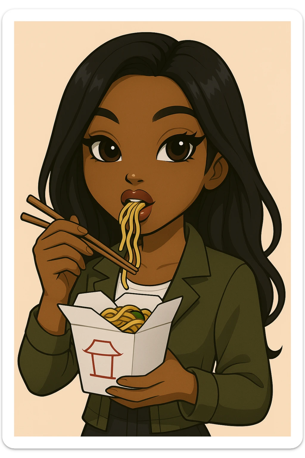 Change the pose to a headshot only of a 20-year-old anime Bratz style woman with dark skin, straight hair, trendy outfit, big expressive eyes, glossy lips, no hat, no tears, happy expression, looking straight ahead, eating out of a to-go Chinese food container with chopsticks. sticker
