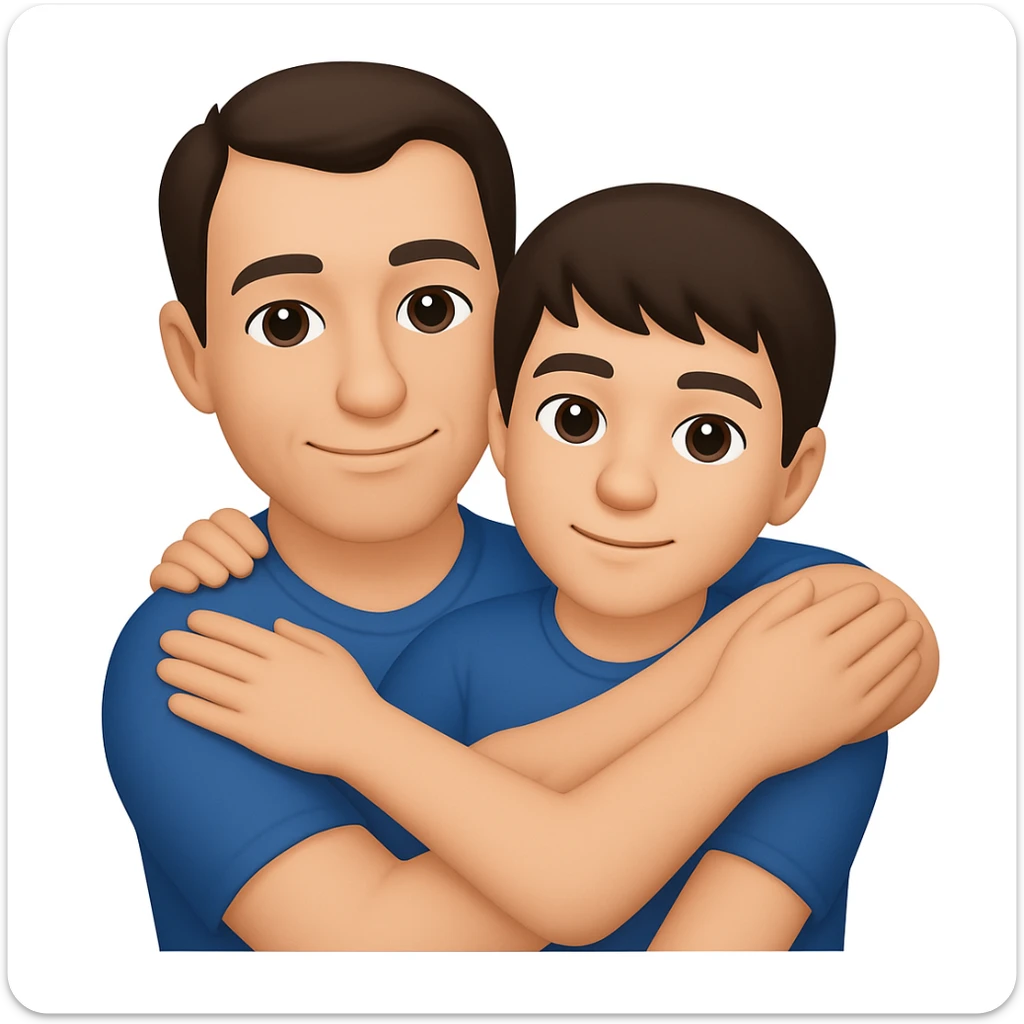 Make the son a 15 year old with dark brown hair, and the father a 39 year old good looking man with a crooked hairline, in the style of apple emojis. The style is colorful, simple, and iconic like apple emoji style. sticker