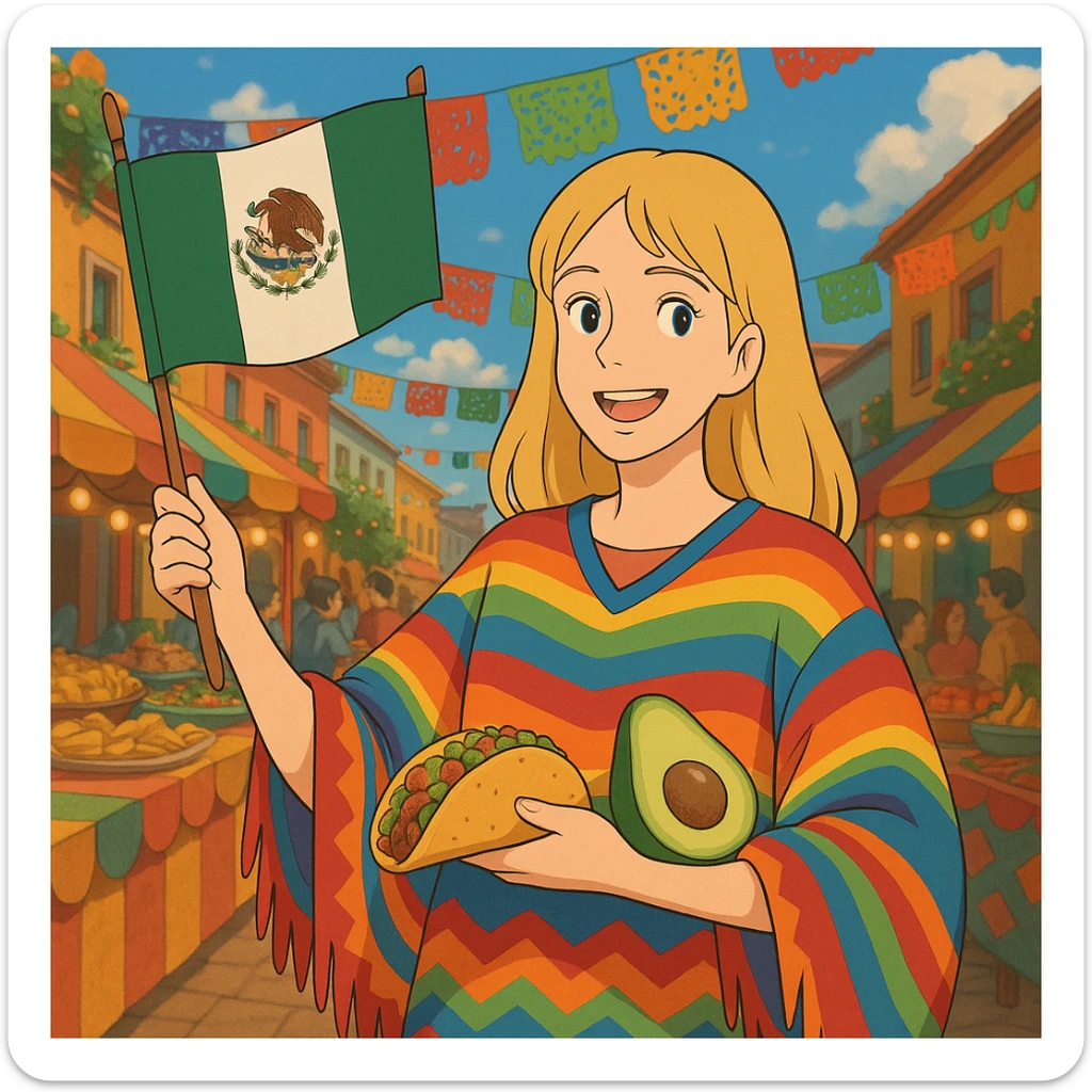 ghibli style cartoon of a tall blonde woman in a colorful poncho, smiling, holding a taco and avocado, waving a Mexico flag, festive street party background with food and decorations sticker