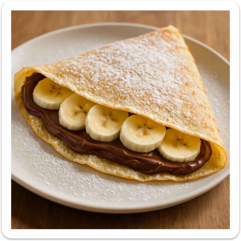 a French crepe filled with Nutella and banana slices, folded and dusted with powdered sugar, photorealistic sticker