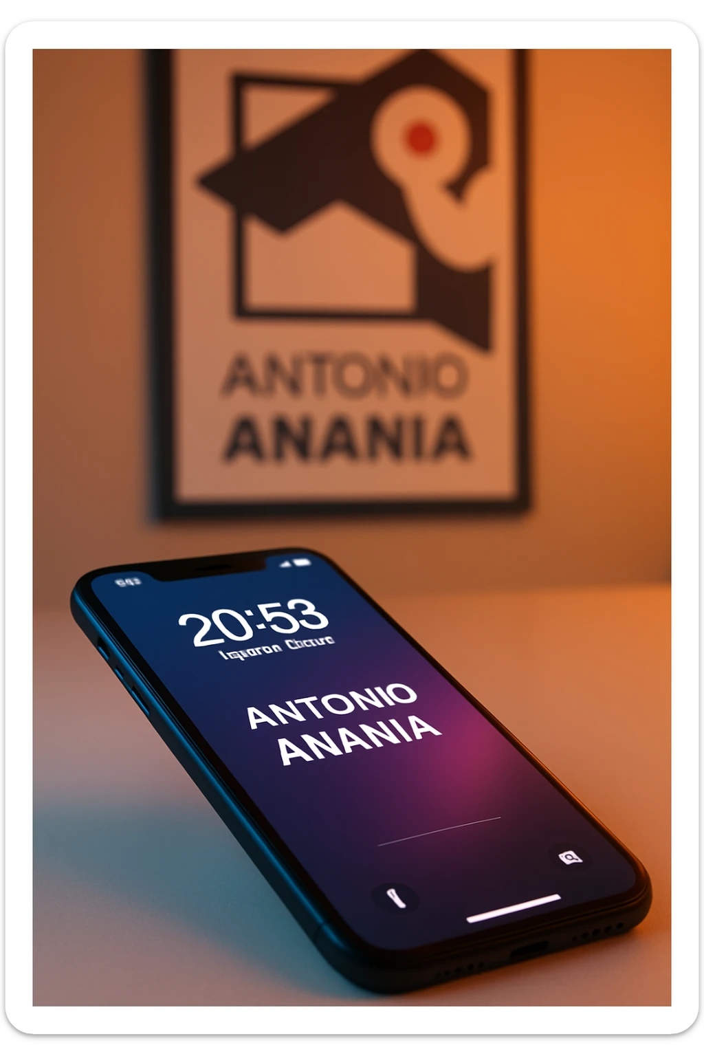 A photo of an iPhone on the desk with the message "Antonio Anania" on its screen, The phone sits atop a desk with a blurred background that suggests work environment. A faint glow from above casts gentle shadows across the surface of each object, creating depth and highlighting their textures sticker