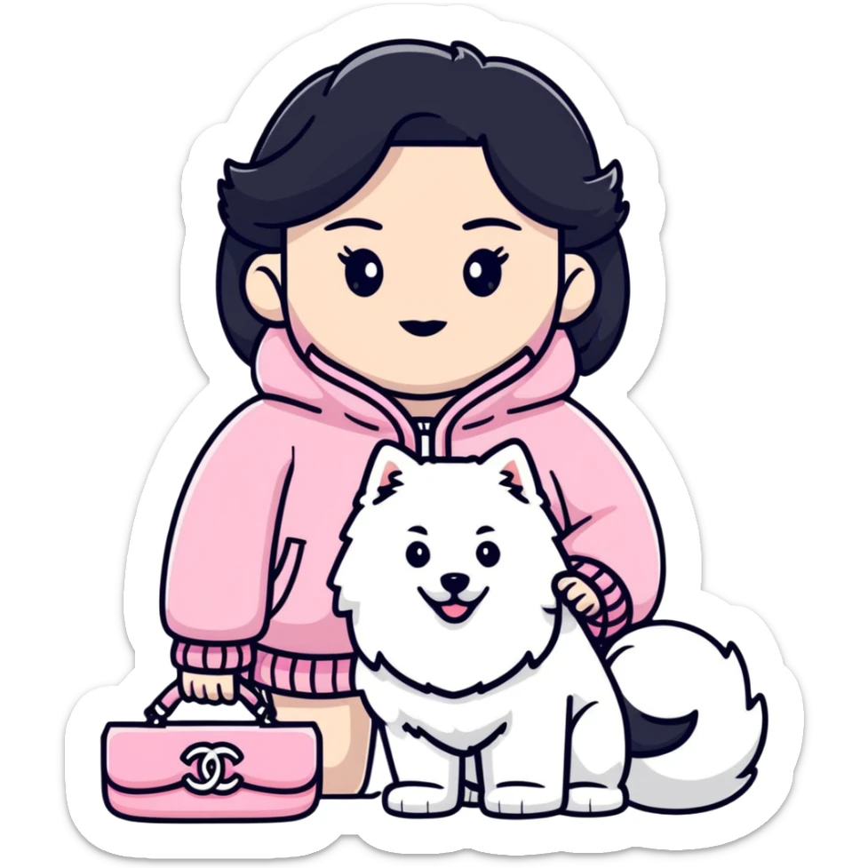 black-haired girl in pink Chanel style outfit with white Samoyed dog sticker