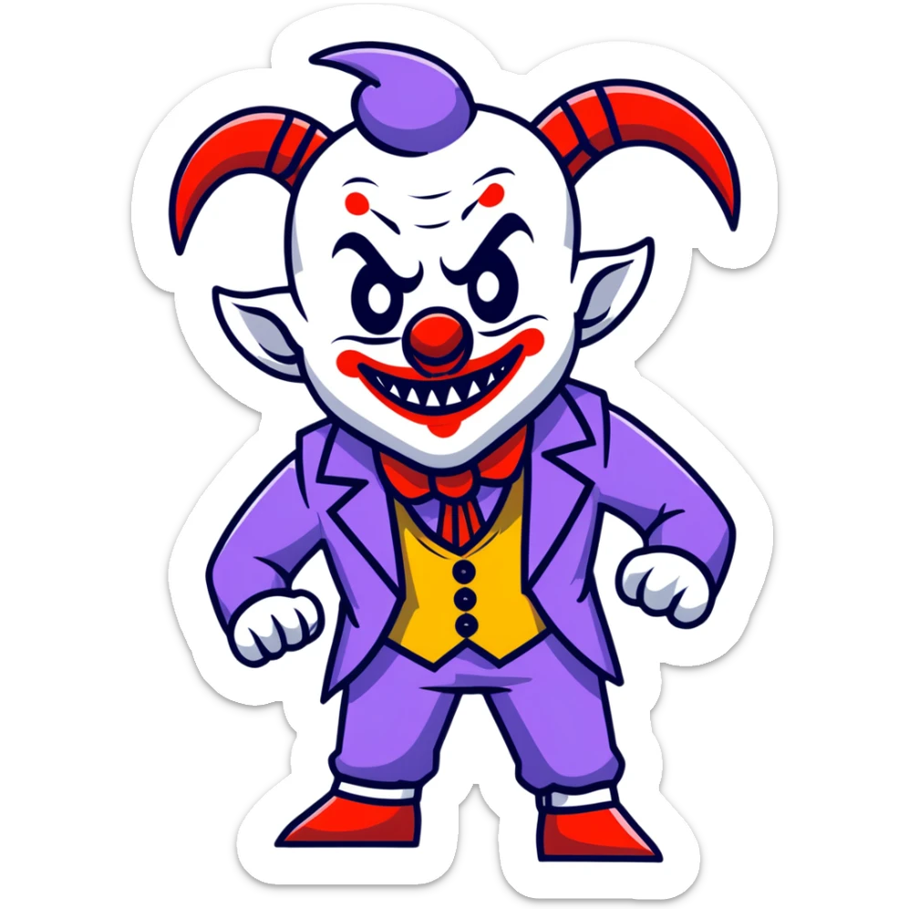 evil clown in a leisure suit with billy goat horns, fangs, pointed ears, standing in a fighting posture, battle-ready soldier sticker