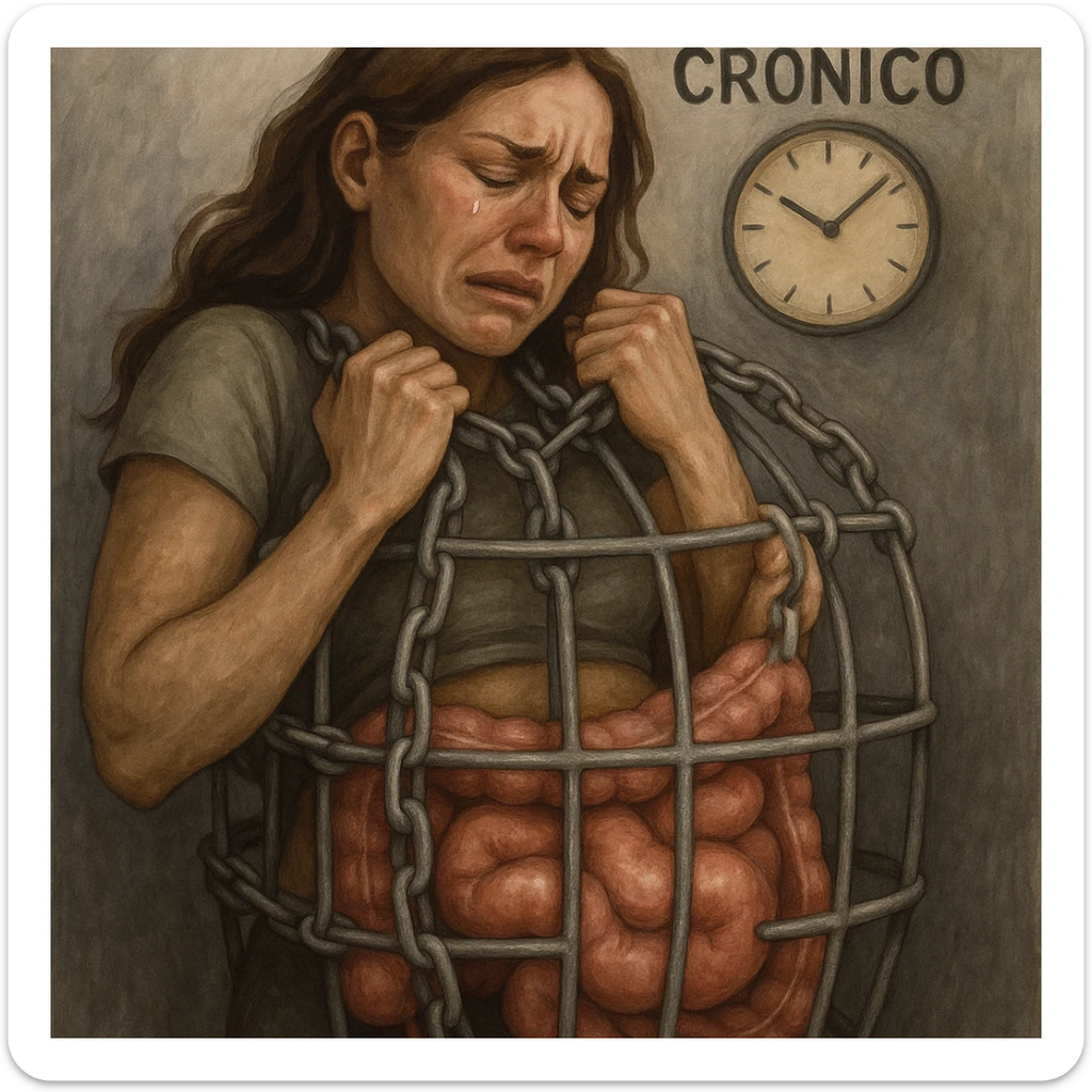 emotional realism wellness illustration of a woman trapped in a cage made of silver chains representing contracted pelvic muscles, her hands pulling at the chains, bloated intestines pressing against the bars, a clock ticking with the words 'Dolore Cronico', muted tones, symbolic style sticker