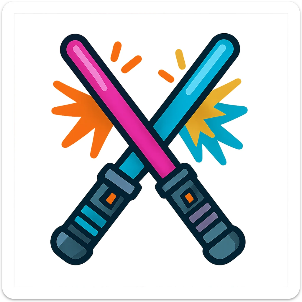 a pair of crossed lightsabers, one magenta and one blue, vibrant cartoon style sticker