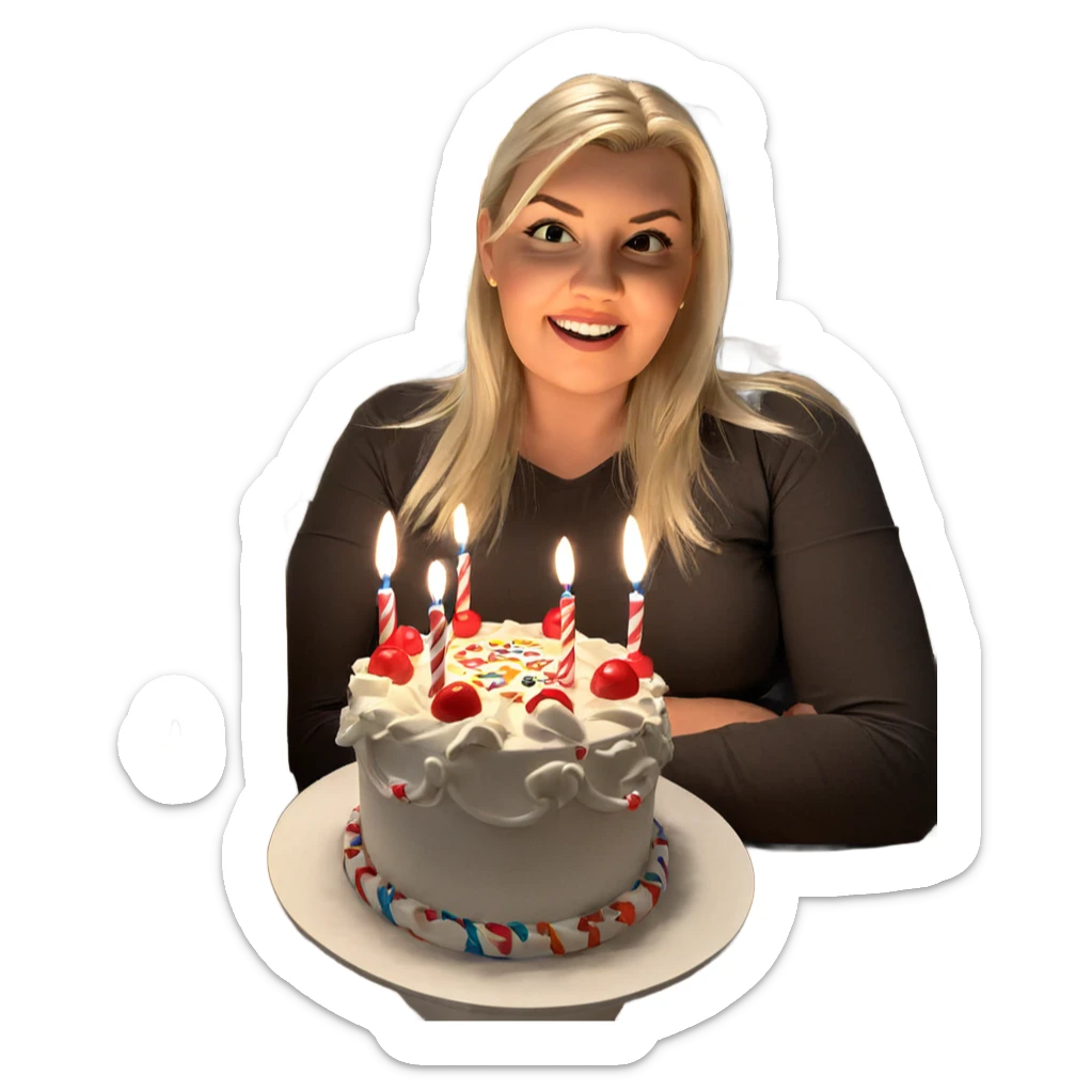 blonde girl with birthday cake sticker
